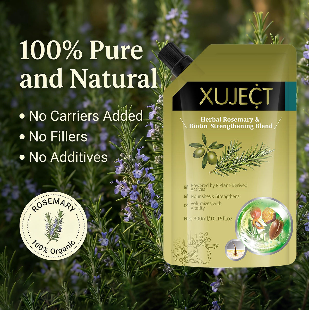 XUJECT rosemary shampoo bottle pour angle shows easy daily use.