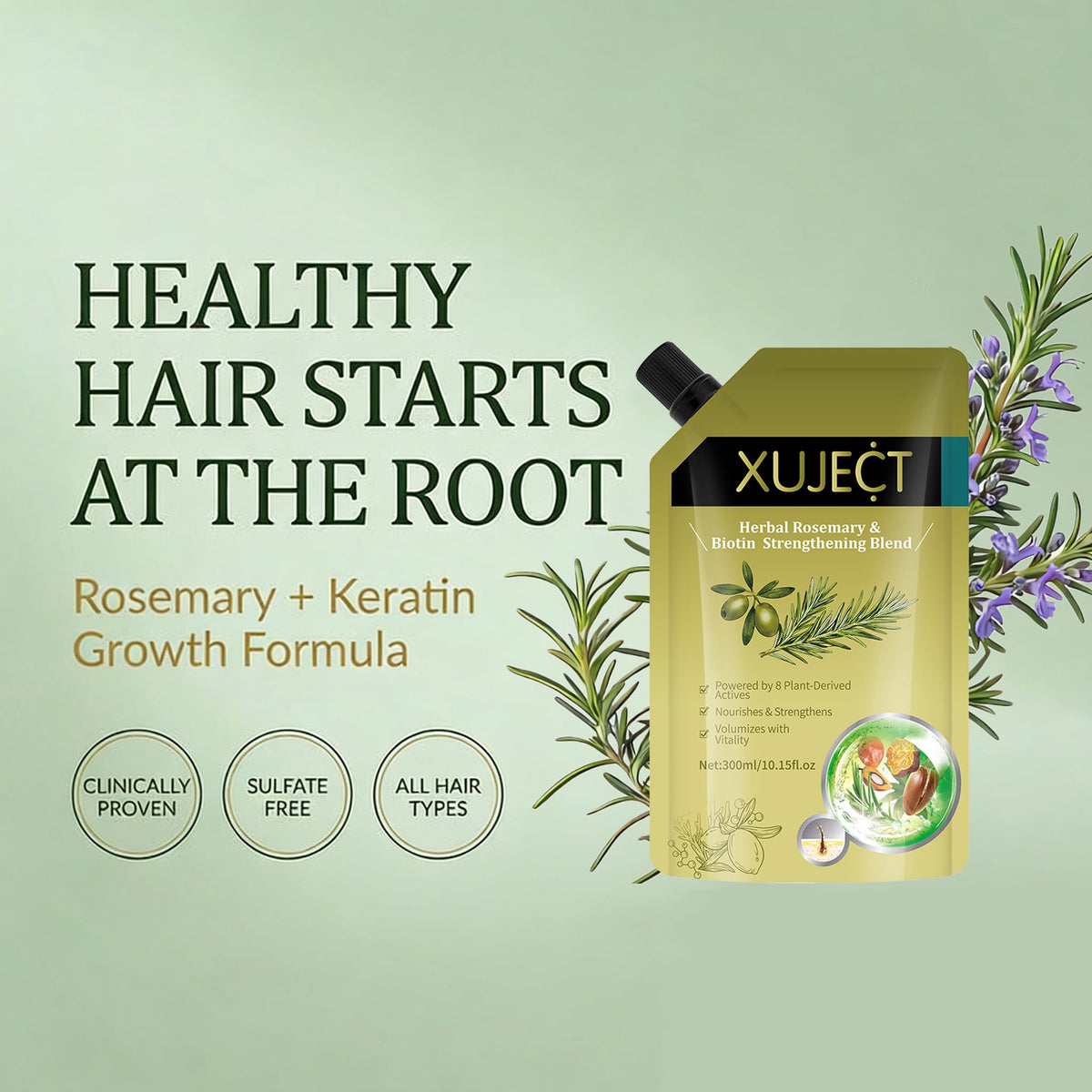 XUJECT rosemary shampoo volume-effect view suggests added body without weighing down hair.