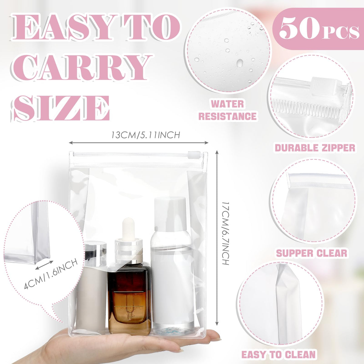 Xuniea clear makeup bag side view for compact travel organization