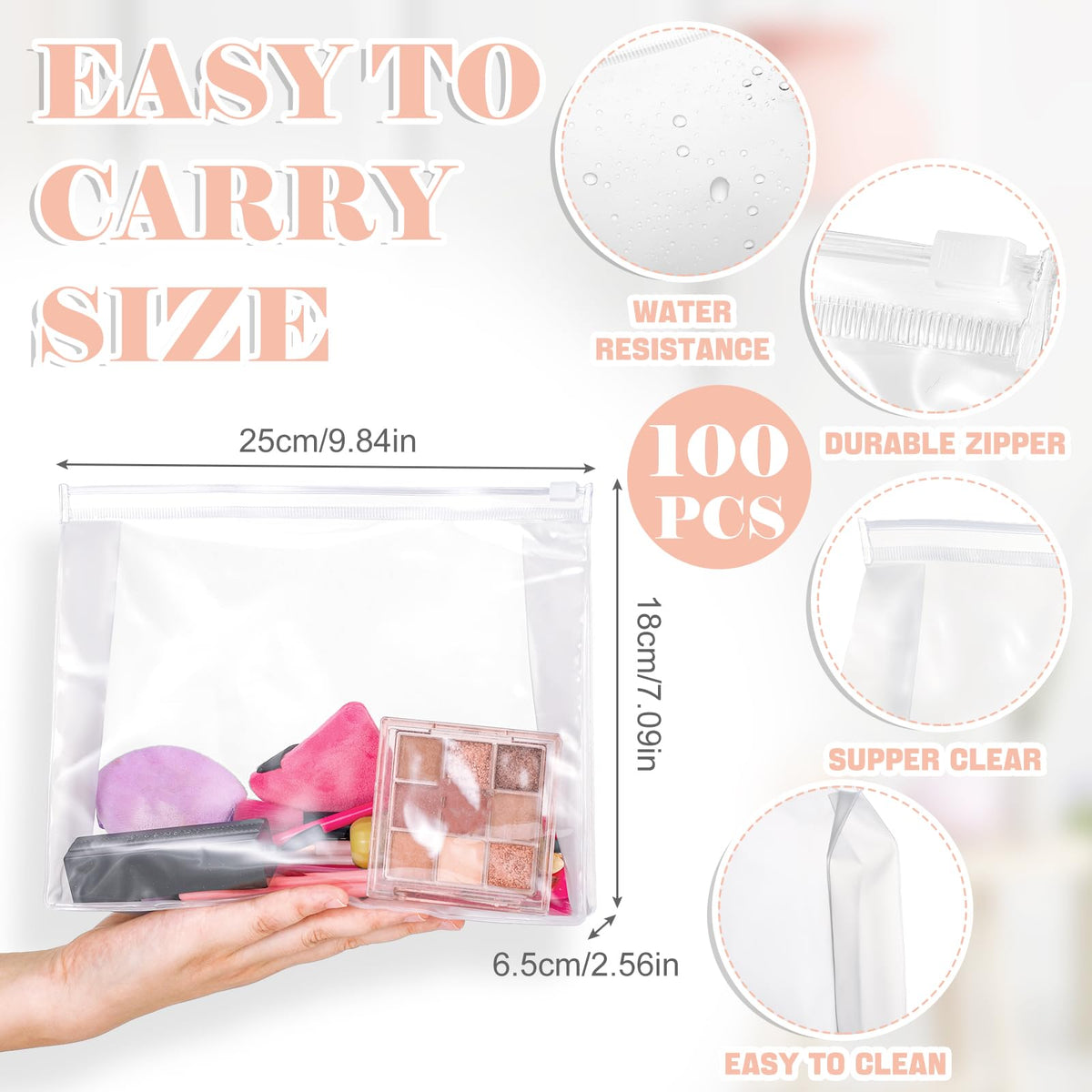 Xuniea mini clear makeup bag front view for easy visibility of cosmetics.