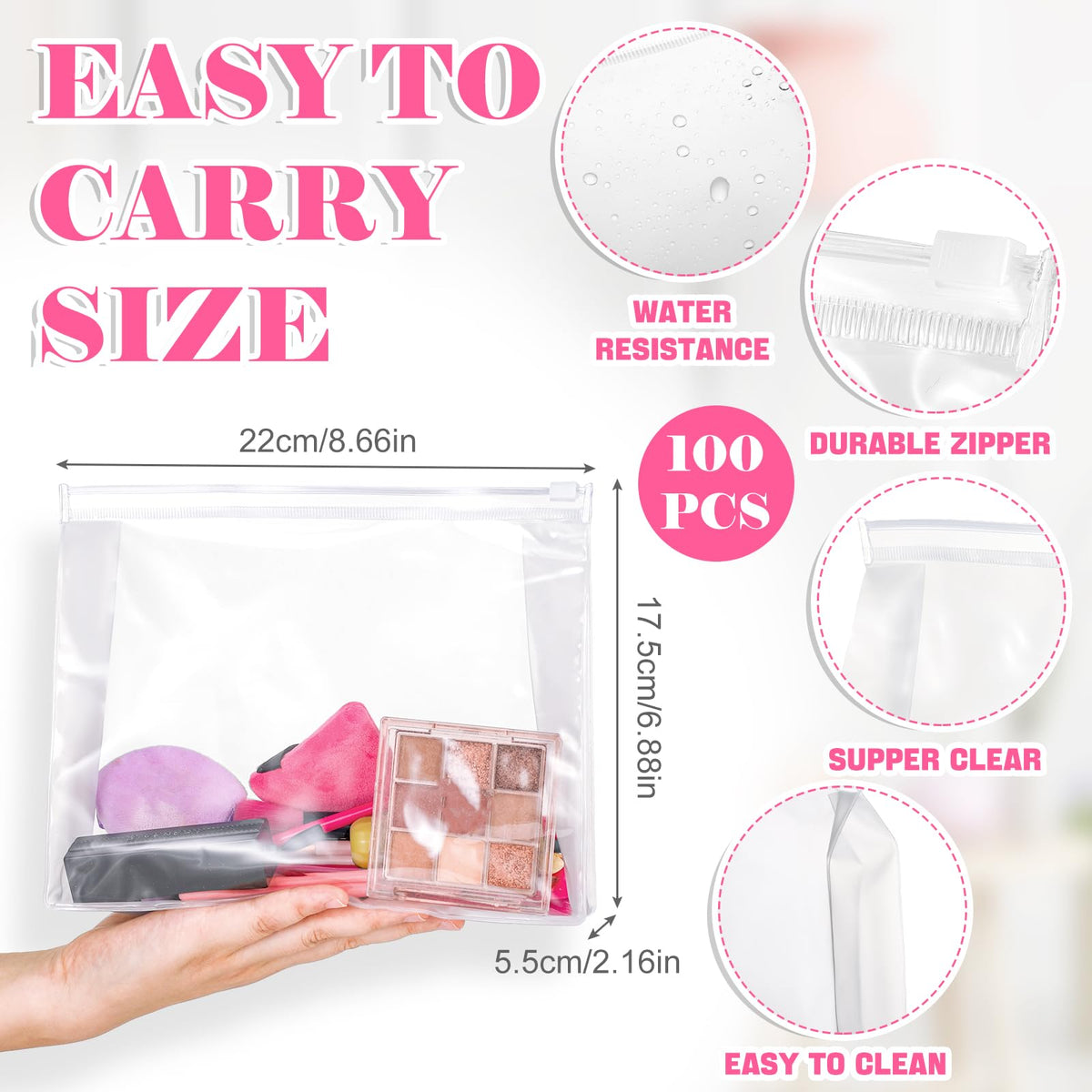 Xuniea mini clear makeup bag with zipper open for easy access