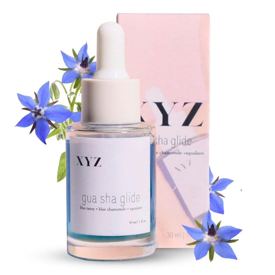 XYZ Skin Gua Sha Glide bottle with calming blue hue for hydration