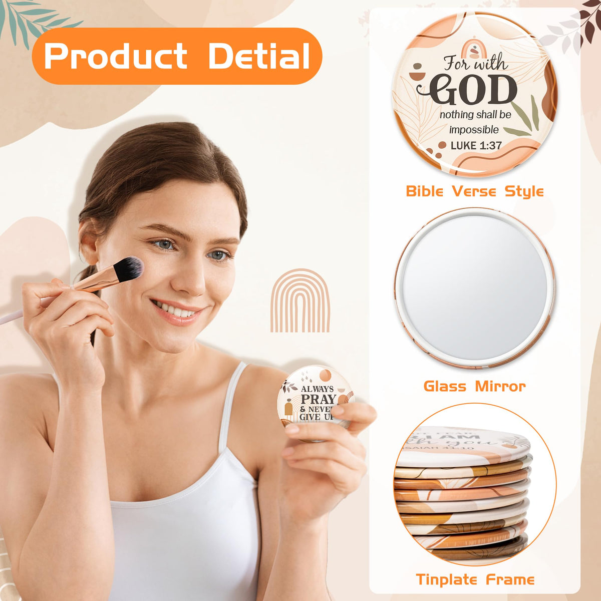 Y1tvei pocket mirror features earthy tones and scripture motifs for daily reflection.