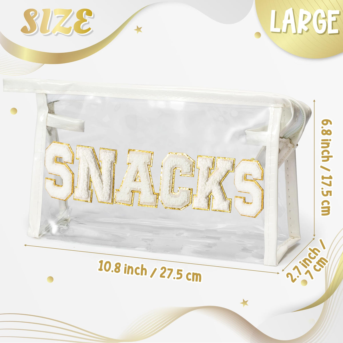 Y1tvei SNACKS clear makeup bag with white chenille patch close-up
