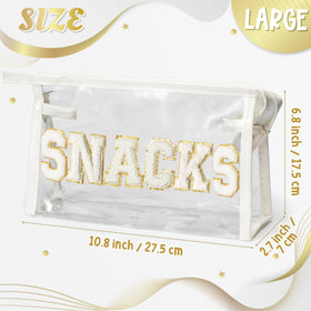 Y1tvei SNACKS clear makeup bag with white chenille patch close-up
