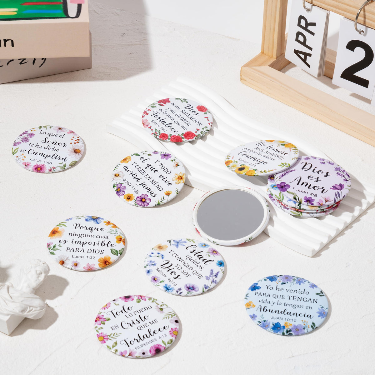 Delicate floral-scripture design adds elegant inspiration during reflection
