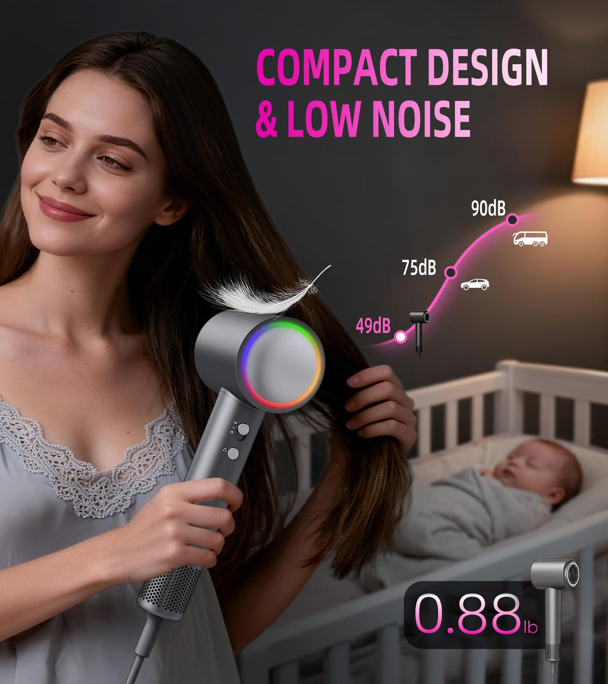 Quiet, feather-light YABLAM dryer in hand for easy styling
