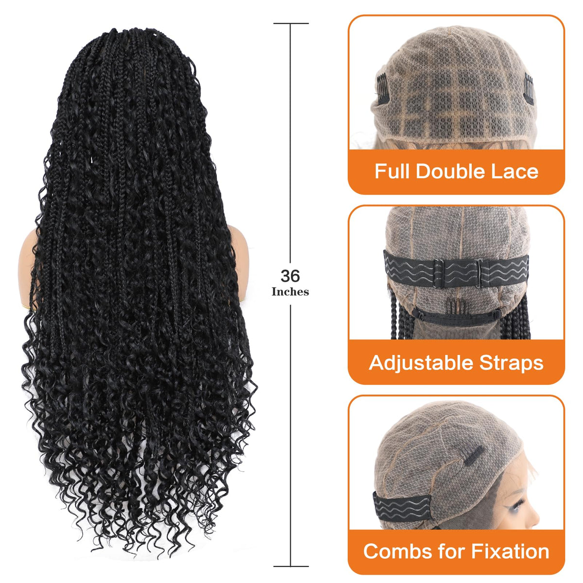 Wig on stand demonstrates easy care and versatile presentation for styling options.
