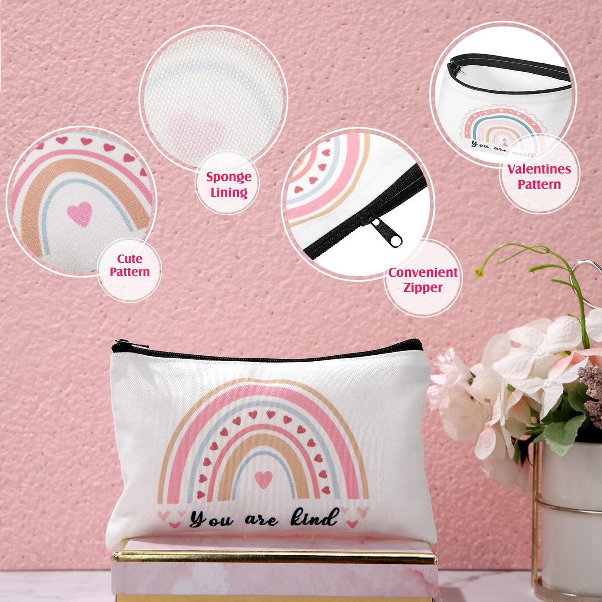 Yahenda makeup bag featuring eight encouragement phrases to inspire routines