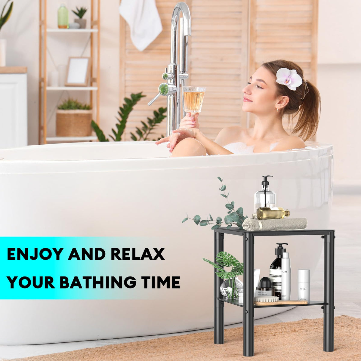 YAJONUE shower-stool-storage-shelf keeps toiletries within easy reach.