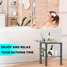 YAJONUE shower-stool-storage-shelf keeps toiletries within easy reach.