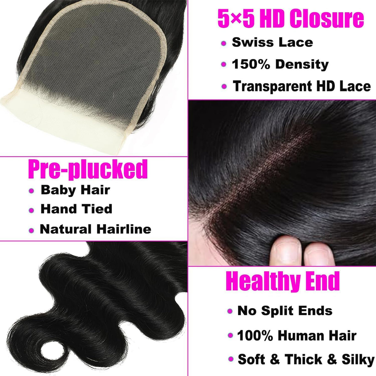 YAKUSHA body wave bundles with closure 5x5 lace closure closeup highlights pre-plucked hairline.