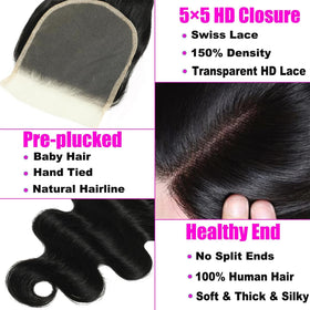 YAKUSHA body wave bundles with closure 5x5 lace closure closeup highlights pre-plucked hairline.