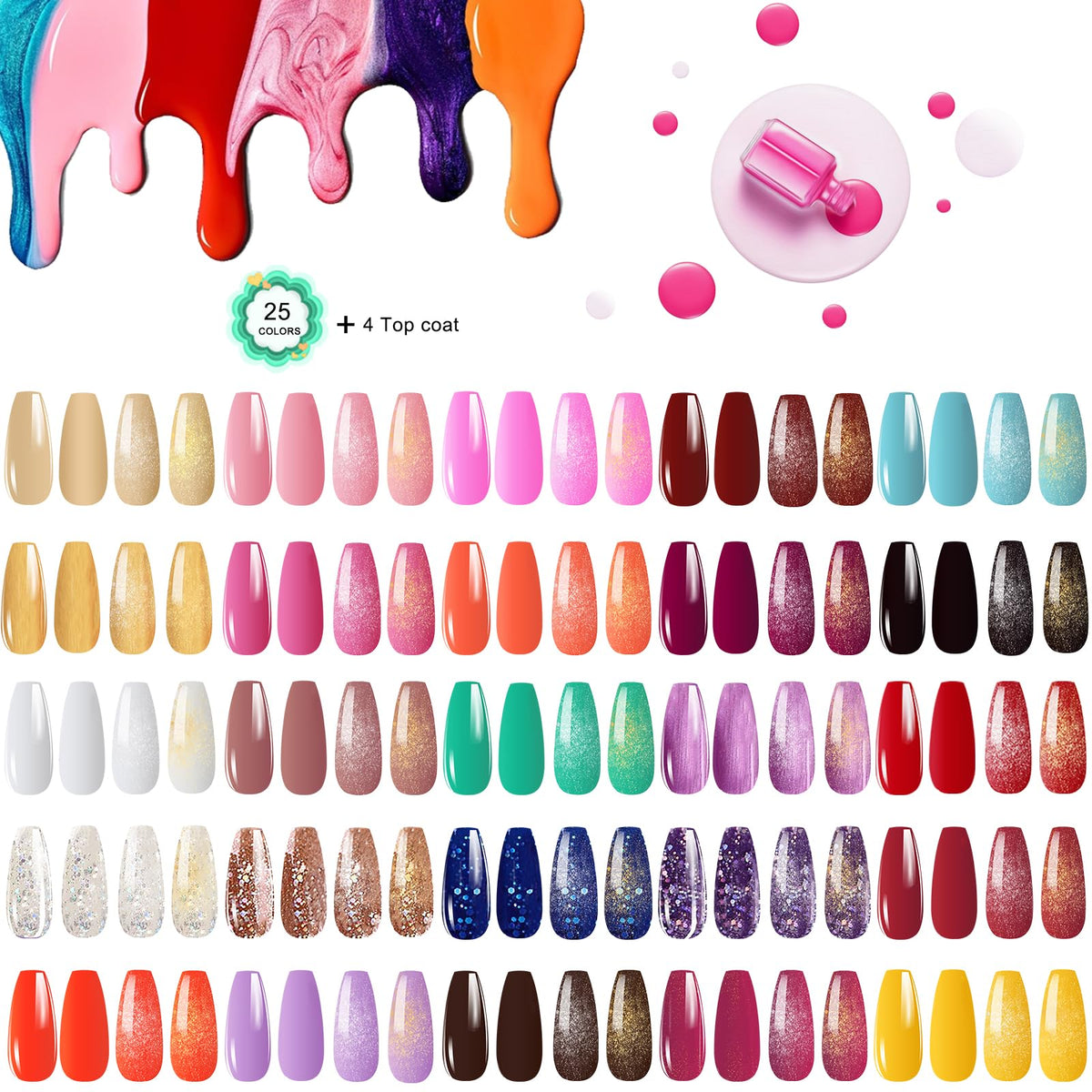 YALSYNY top coats offer glossy, matte, and glitter finishes