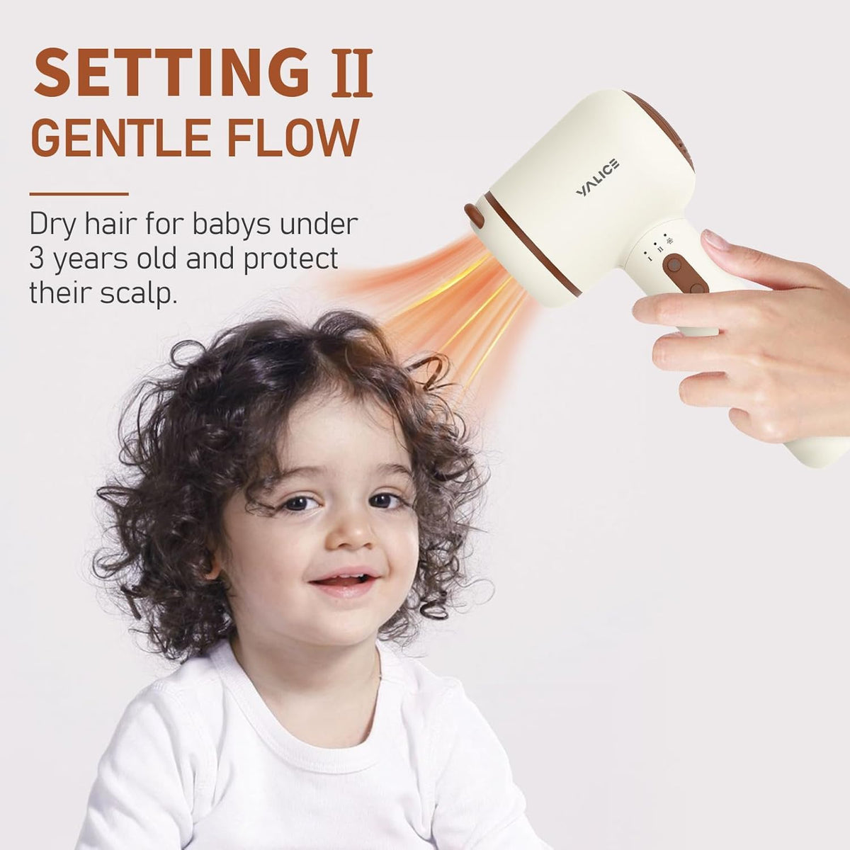 YALICE hair dryer with ionic care for smoother baby hair.