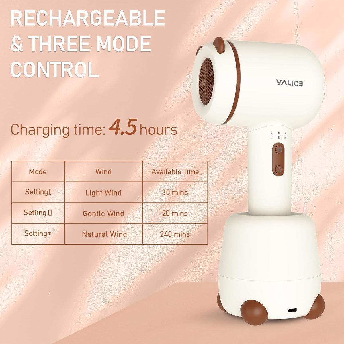 YALICE cordless dryer with quiet operation for a peaceful routine.