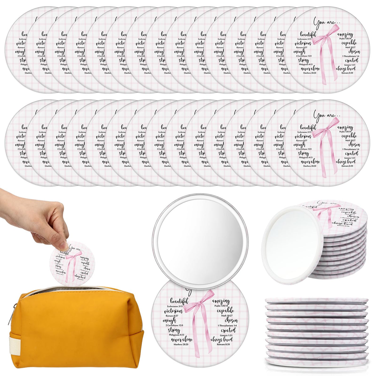Yalikop 30-pcs mini Christian compact mirrors with pink bow for daily inspiration.