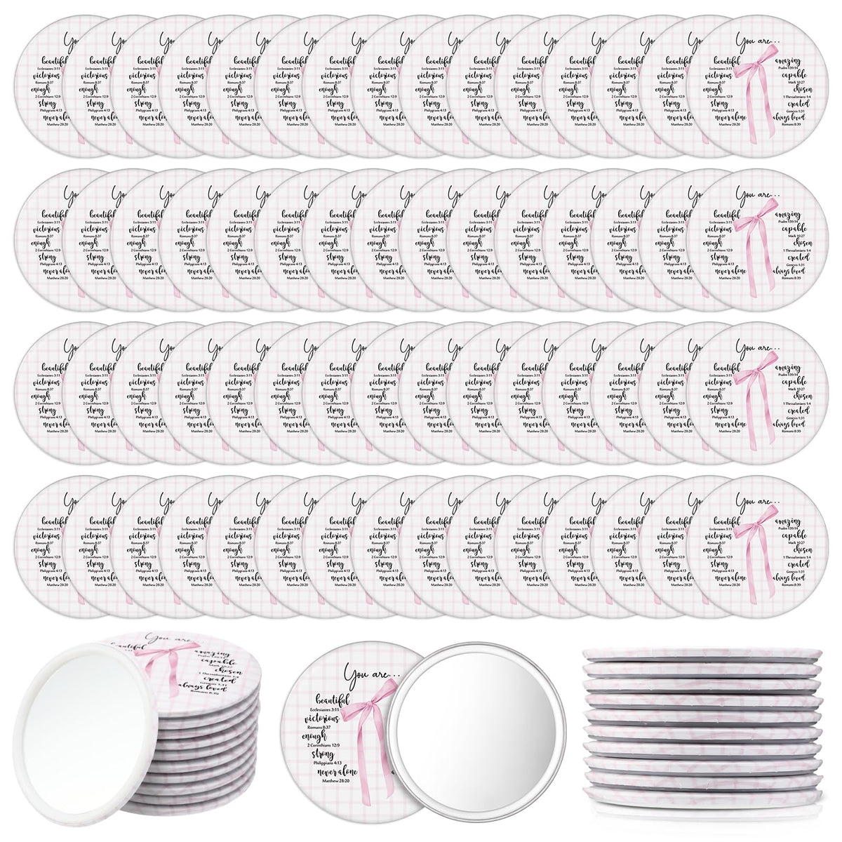 Yalikop 60 mini Christian compact mirrors with pink bow for daily faith reminders.