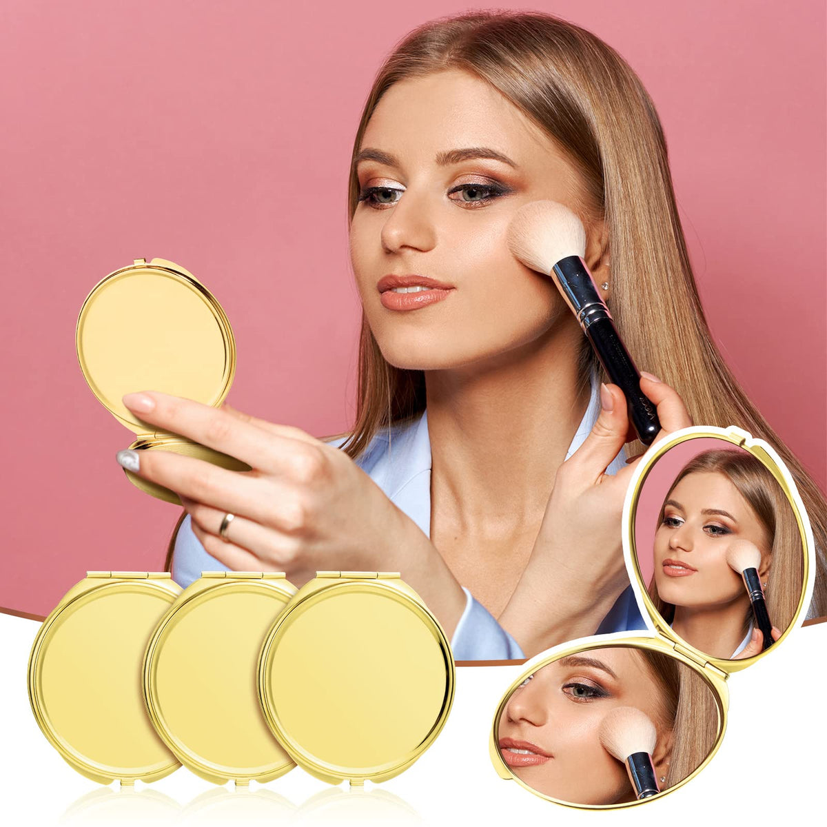 Yalikop gold compact mirror 1x display reveals natural detail for quick touchups