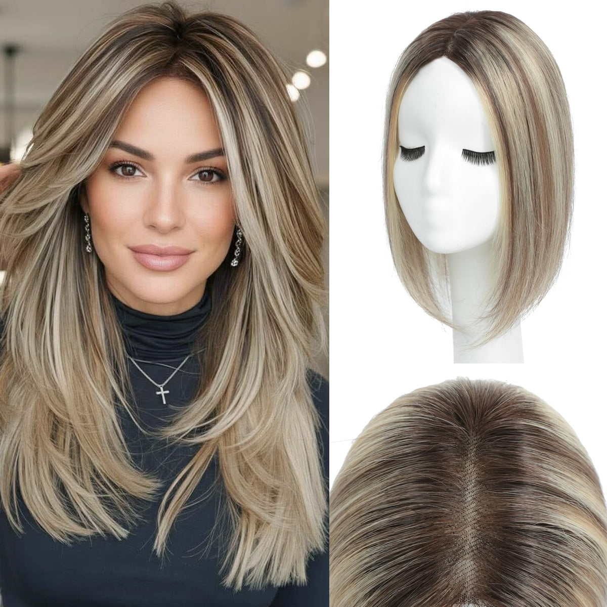 YAMI hair topper in ombre light brown with blond highlights for a natural color blend.