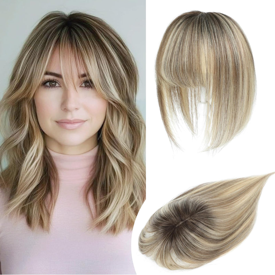 YAMI human hair topper with bangs in ombre light brown and blond highlight for fuller look.