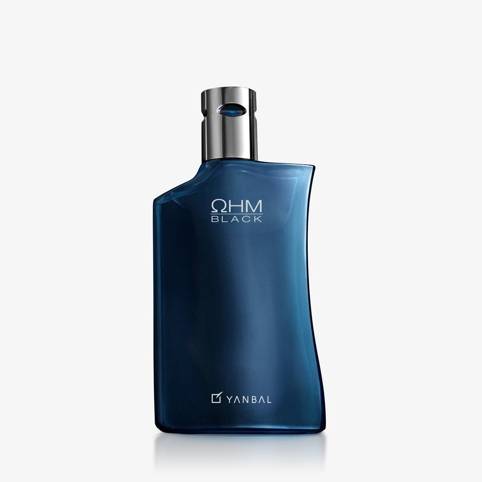 Yanbal OHM Black bottle front view, bold notes for confident nights out.