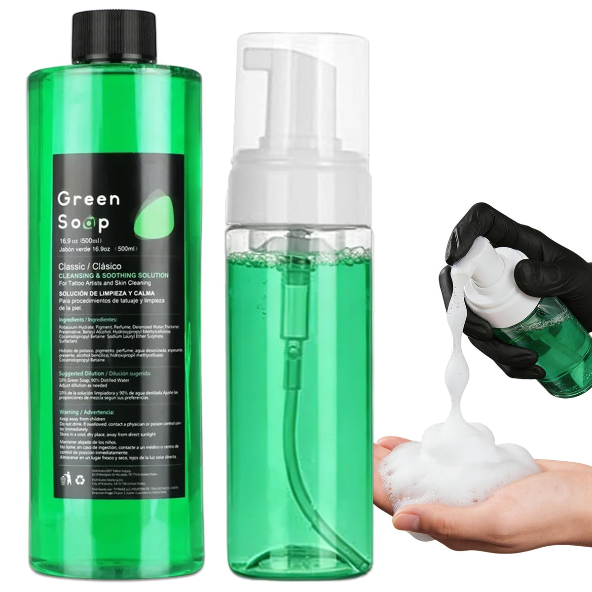 Yangna Tattoo Green Soap concentrate (500ml) ready for dilution in busy studios.