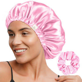 YANIBEST adjustable satin bonnet pink front view protects hair overnight.