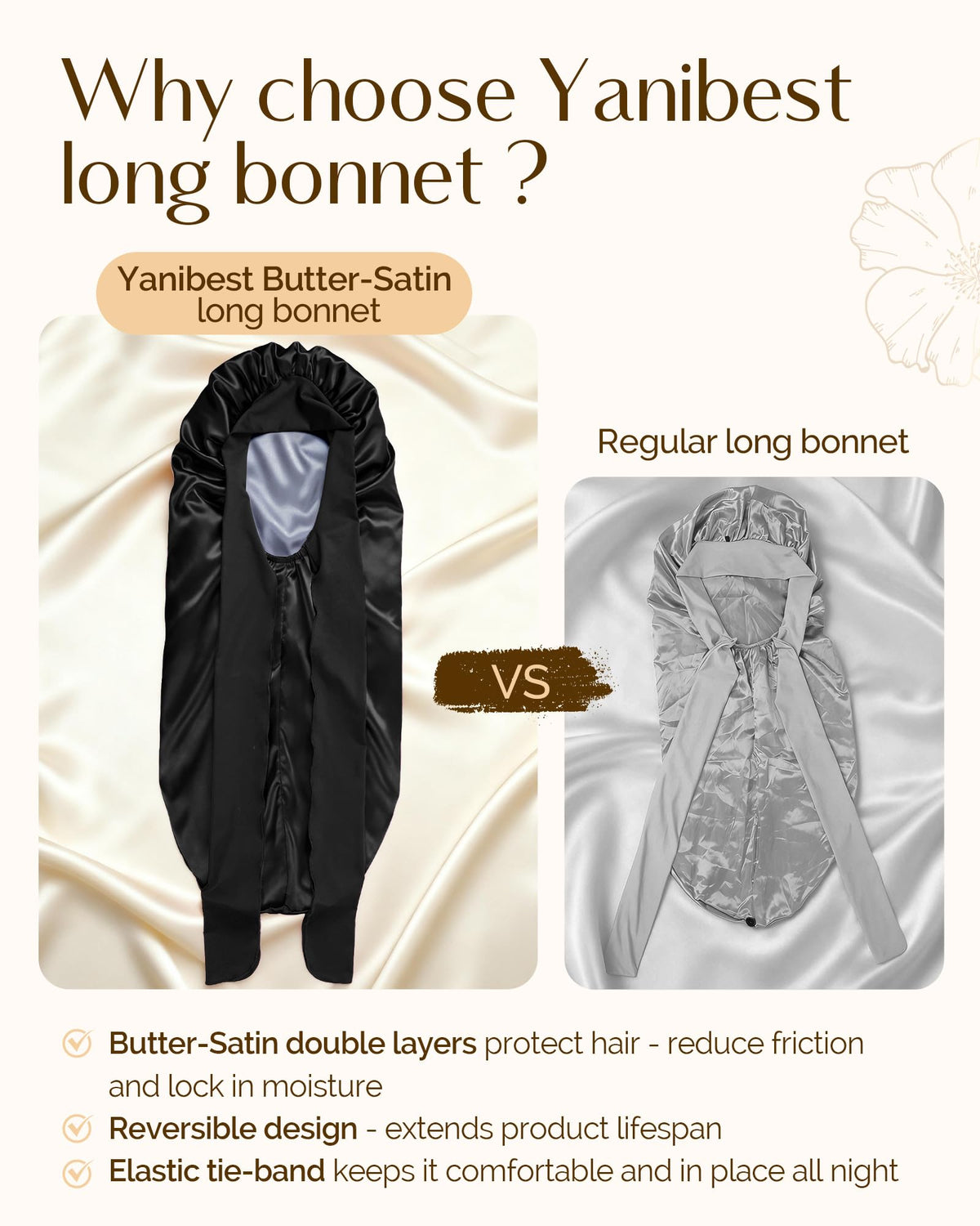 YANIBEST satin bonnet for curly hair reduces friction while sleeping