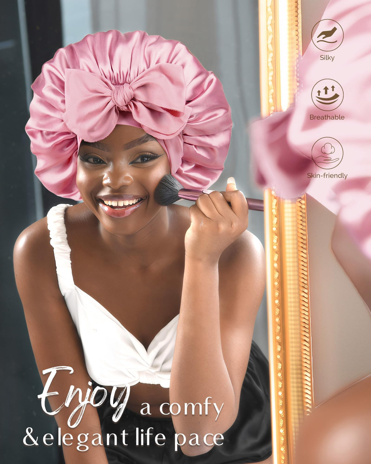 Yanibest satin bonnet shields curls during sleep, reducing friction and bedhead