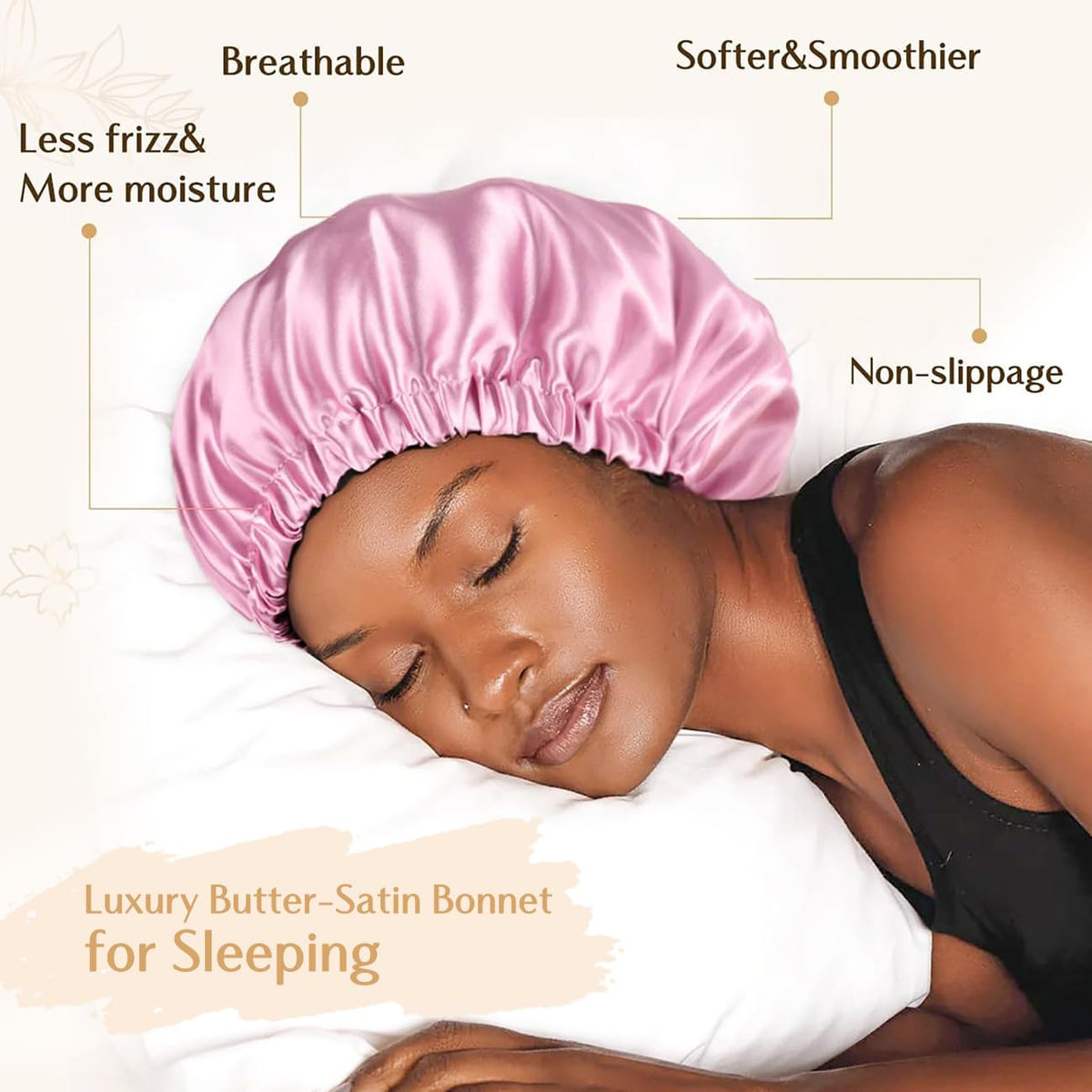 YANIBEST double-layer satin bonnet pink inside view protects sheets.