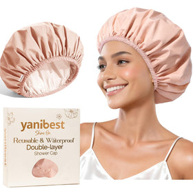 YANIBEST peachy-pink reusable shower cap keeps hair dry during showers.