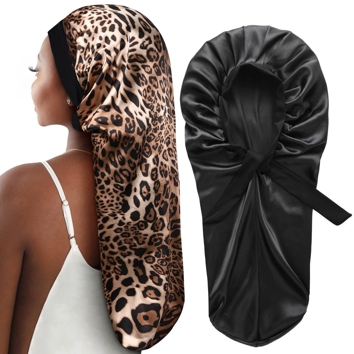 YANIBEST satin bonnet in black leopard, front view, reduces friction for smoother hair.
