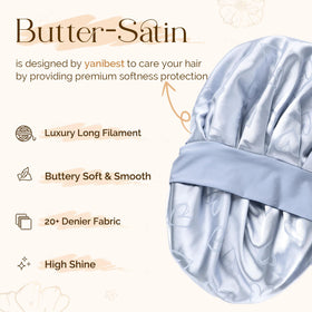YANIBEST satin bonnet blue, tie-band close-up, secure overnight fit.