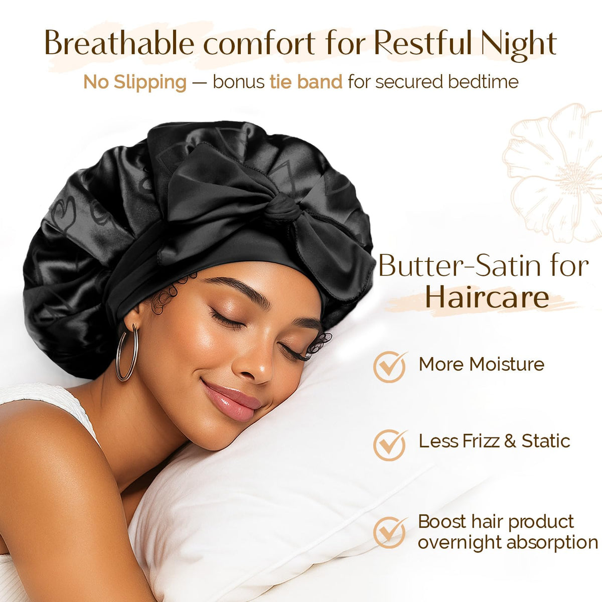 YANIBEST satin bonnet with tie band stays secure overnight for curls