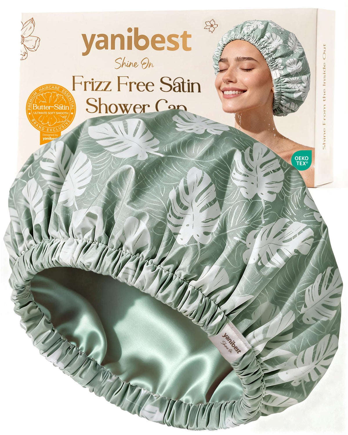 Yanibest satin-lined shower cap in green leaves design provides waterproof hair protection.