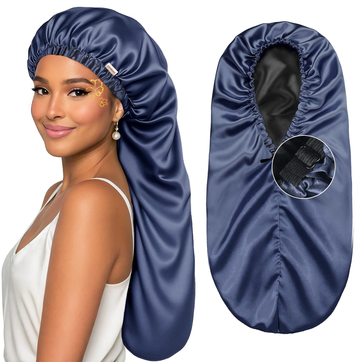 YANIBEST satin sleep bonnet with long double-layer protects while you sleep and locks in moisture.