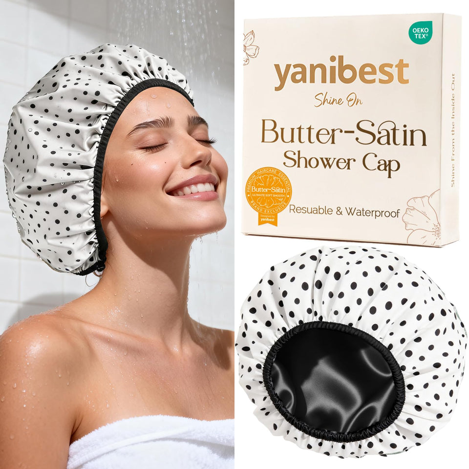 Yanibest shower cap with waterproof outer layer keeps hair dry during showers.