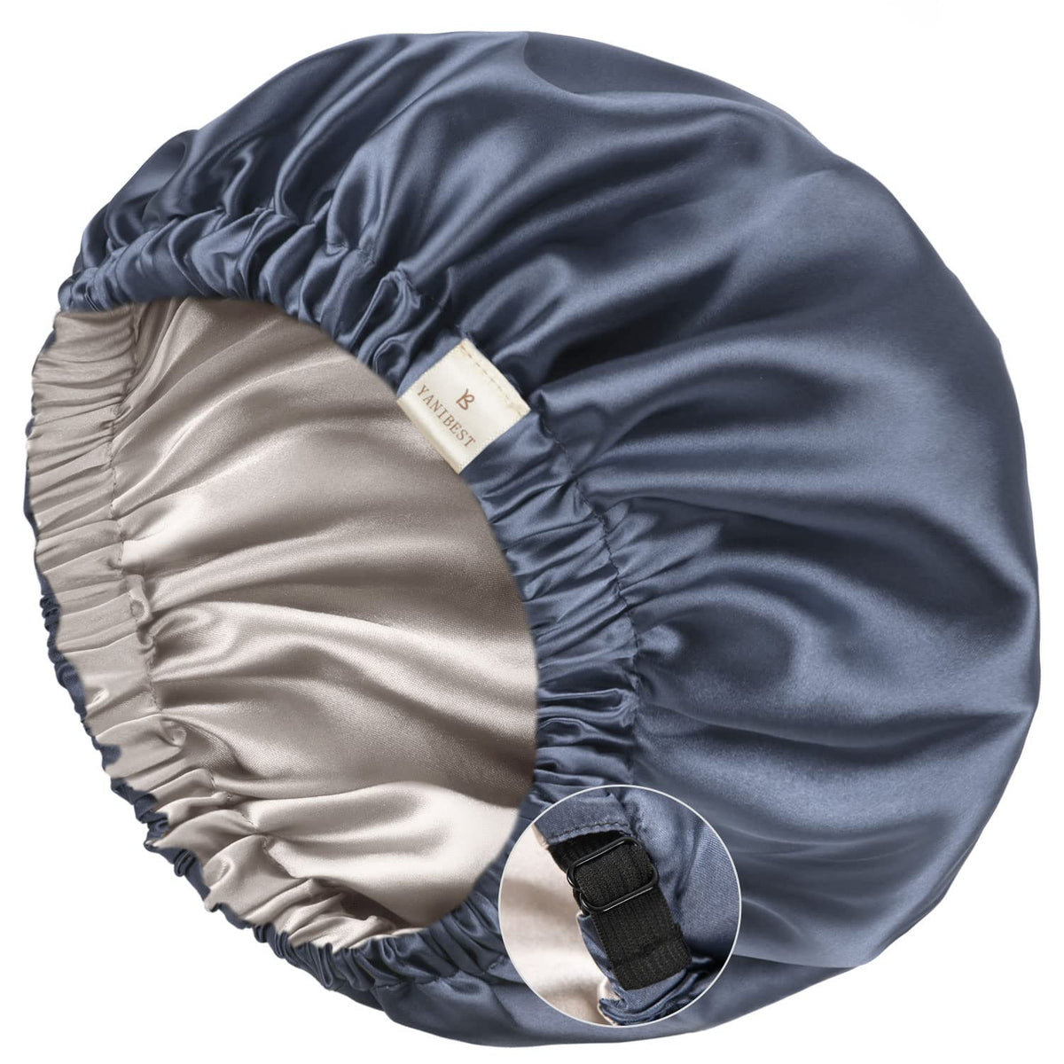 YANIBEST silk bonnet ash blue folded for easy storage and gentle sleep protection