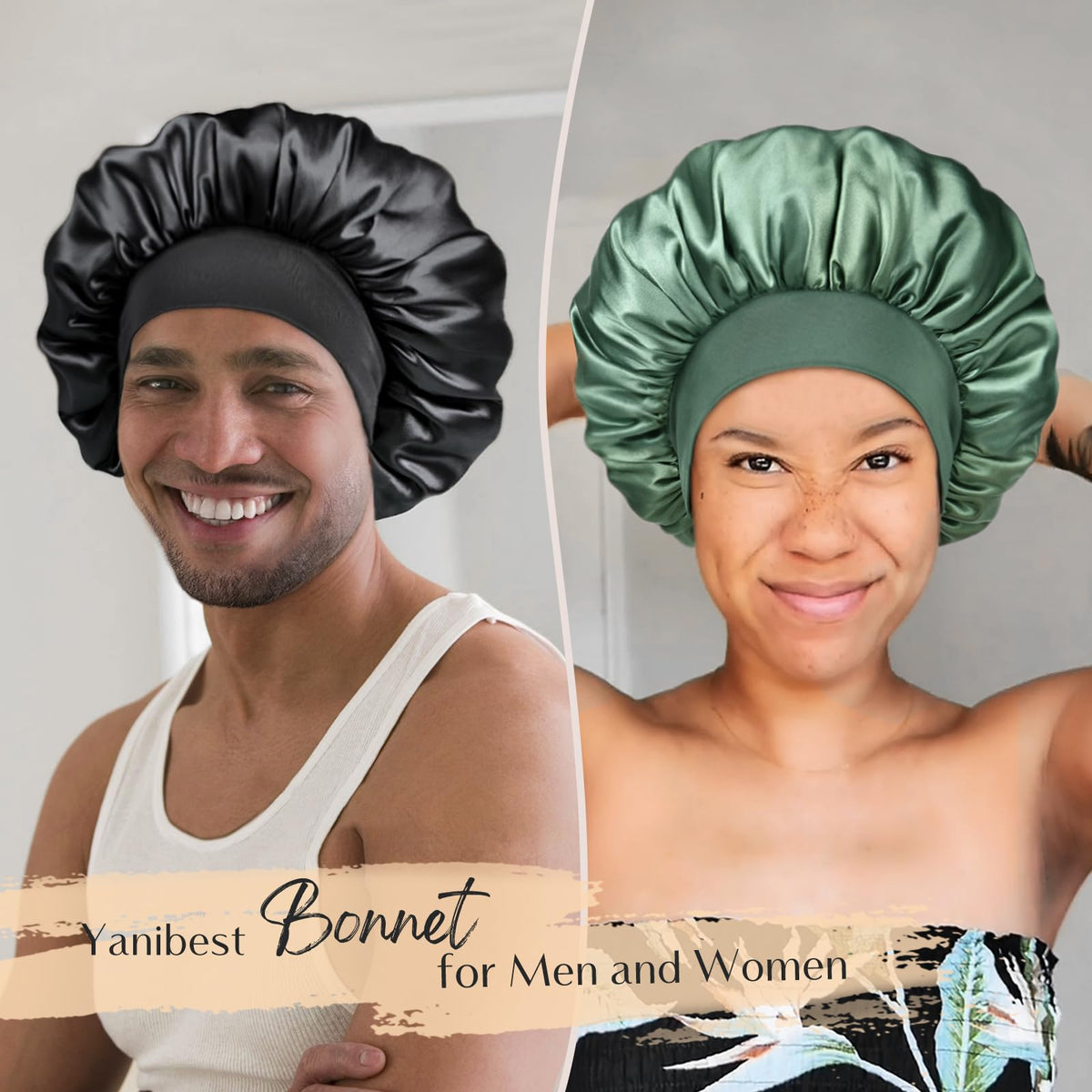 YANIBEST silk bonnet worn on model demonstrates comfortable all-night wear.