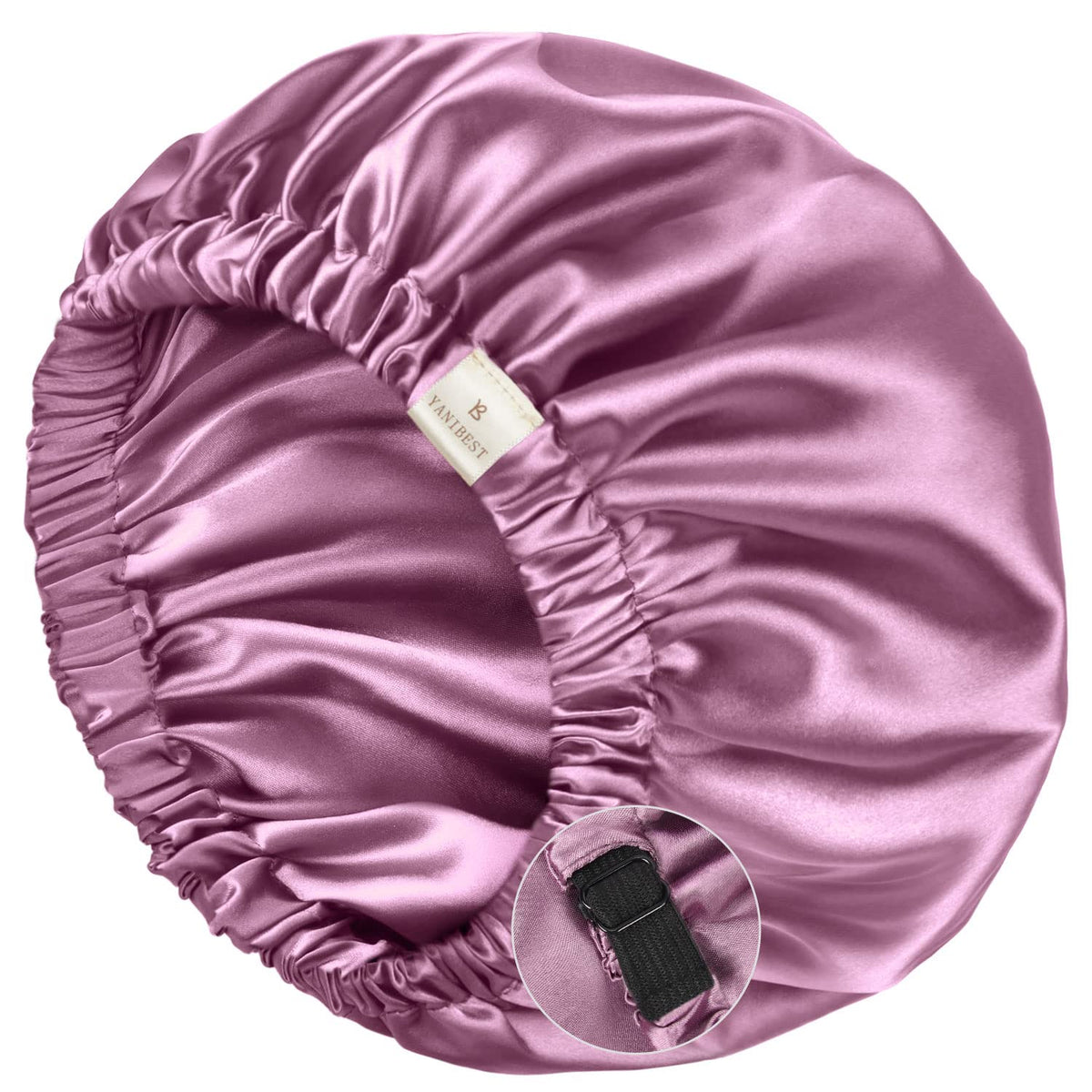 YANIBEST silk sleep cap lavender on head provides comfortable sleep and hair protection.