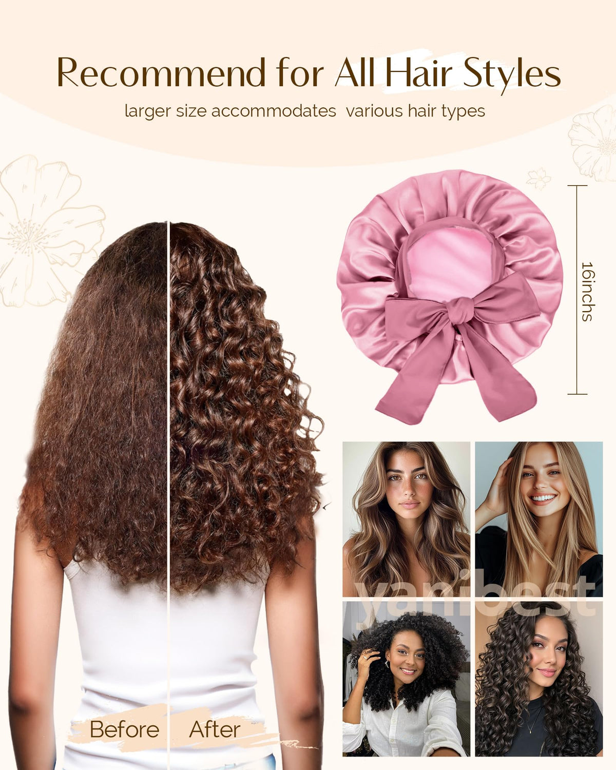 Yanibest tie-band satin bonnet fits most hairstyles for curly or natural hair at night