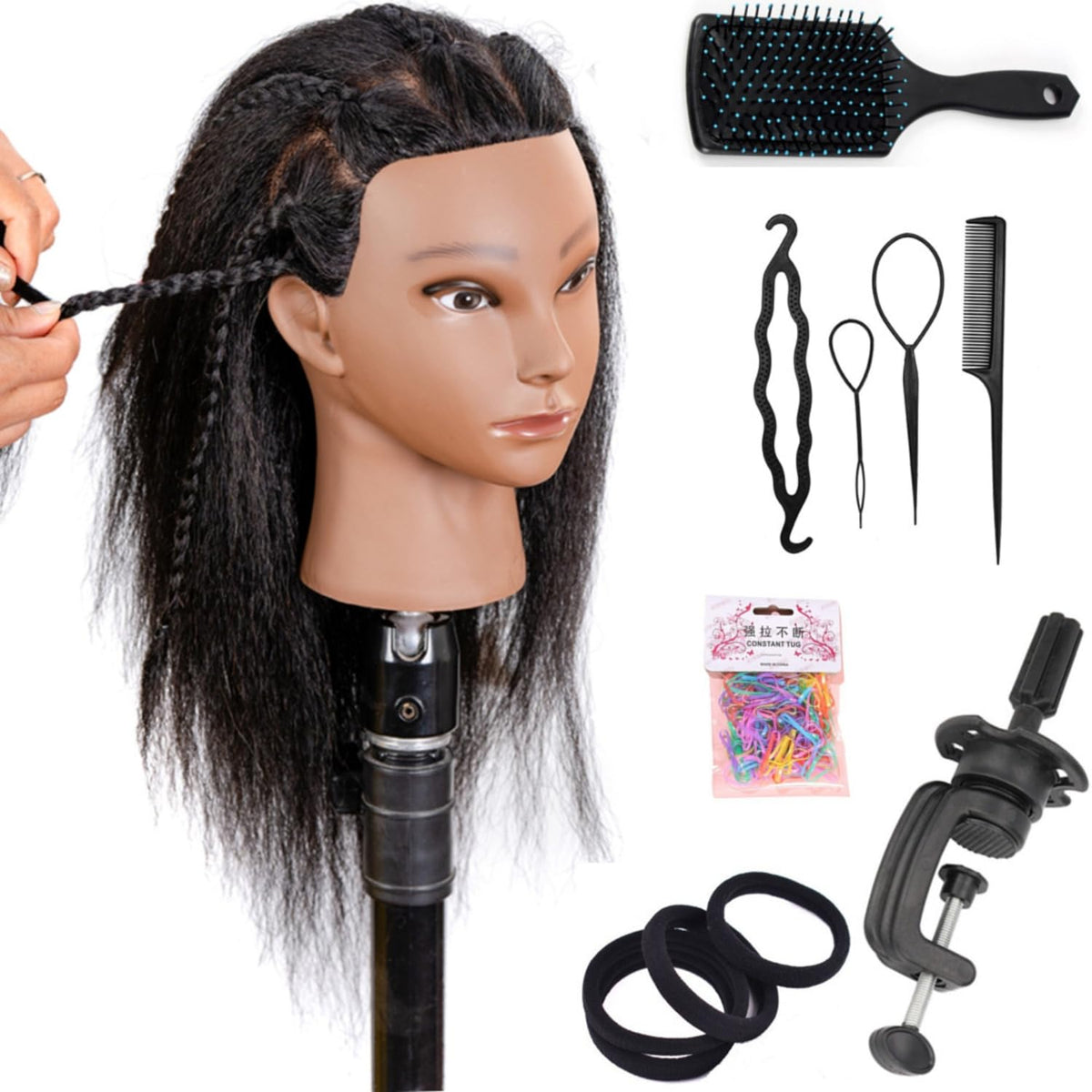YANZIJF mannequin head with 16-inch black hair for realistic braiding practice.