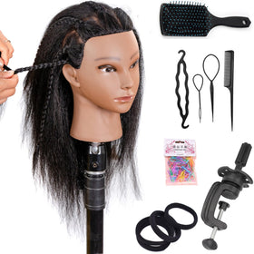 YANZIJF mannequin head with 16-inch black hair for realistic braiding practice.