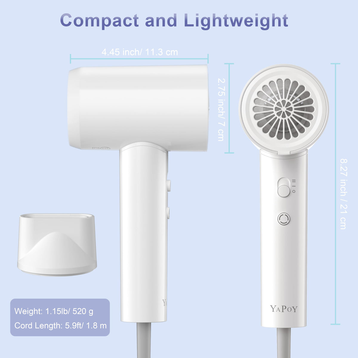 YAPOY hair dryer includes a 360° nozzle and flexible cord for versatile styling.