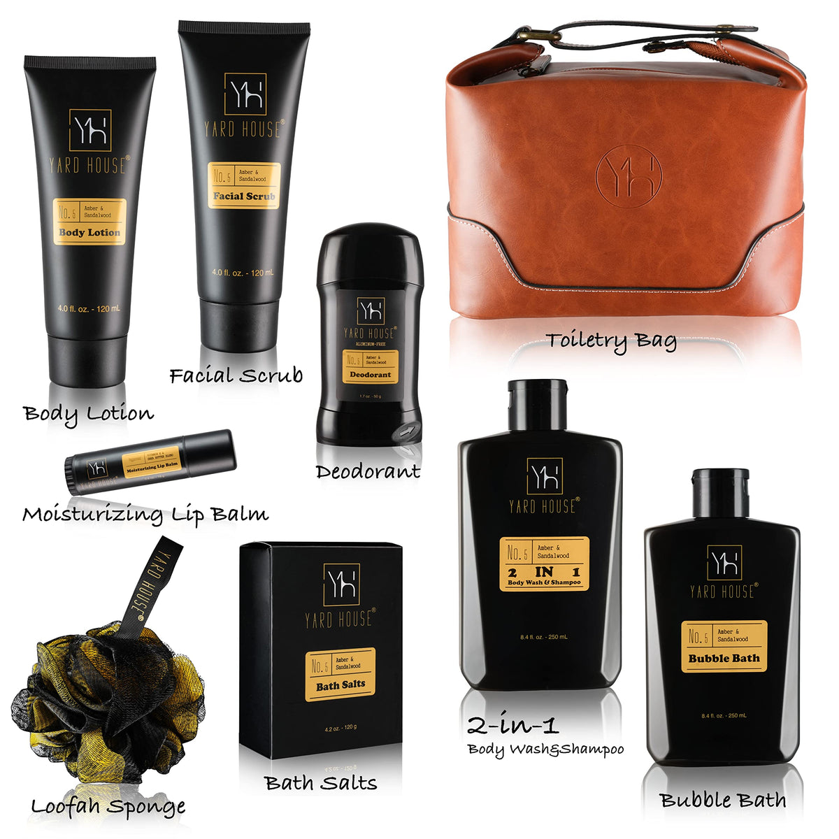 Yard House Sandalwood Amber body wash and shampoo for a refreshing cleanse.