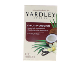Yardley Creamy Coconut bath bar displays two bars per pack for convenient use.