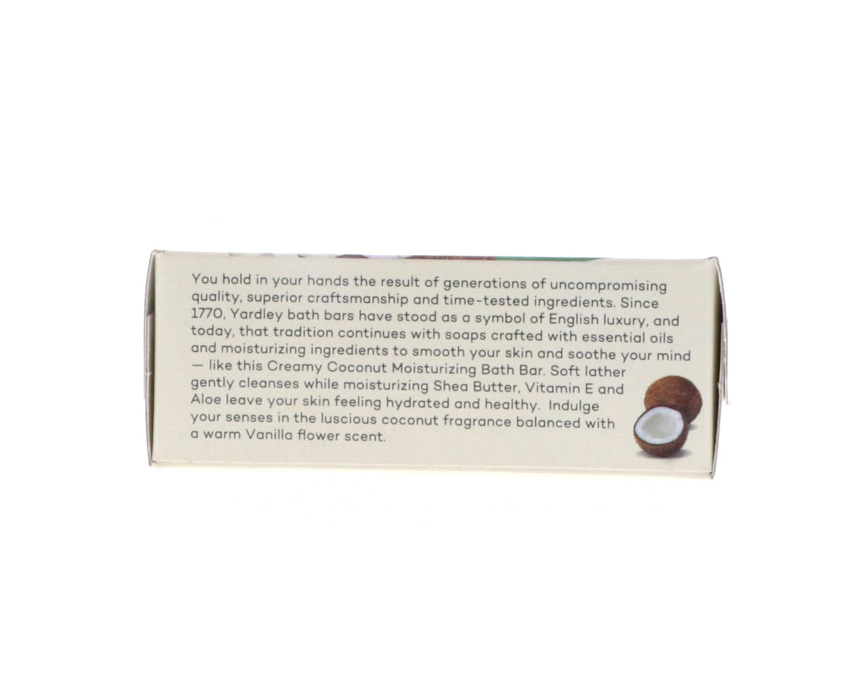Yardley Creamy Coconut bath bar enriched with shea butter and aloe for moisturized lather.