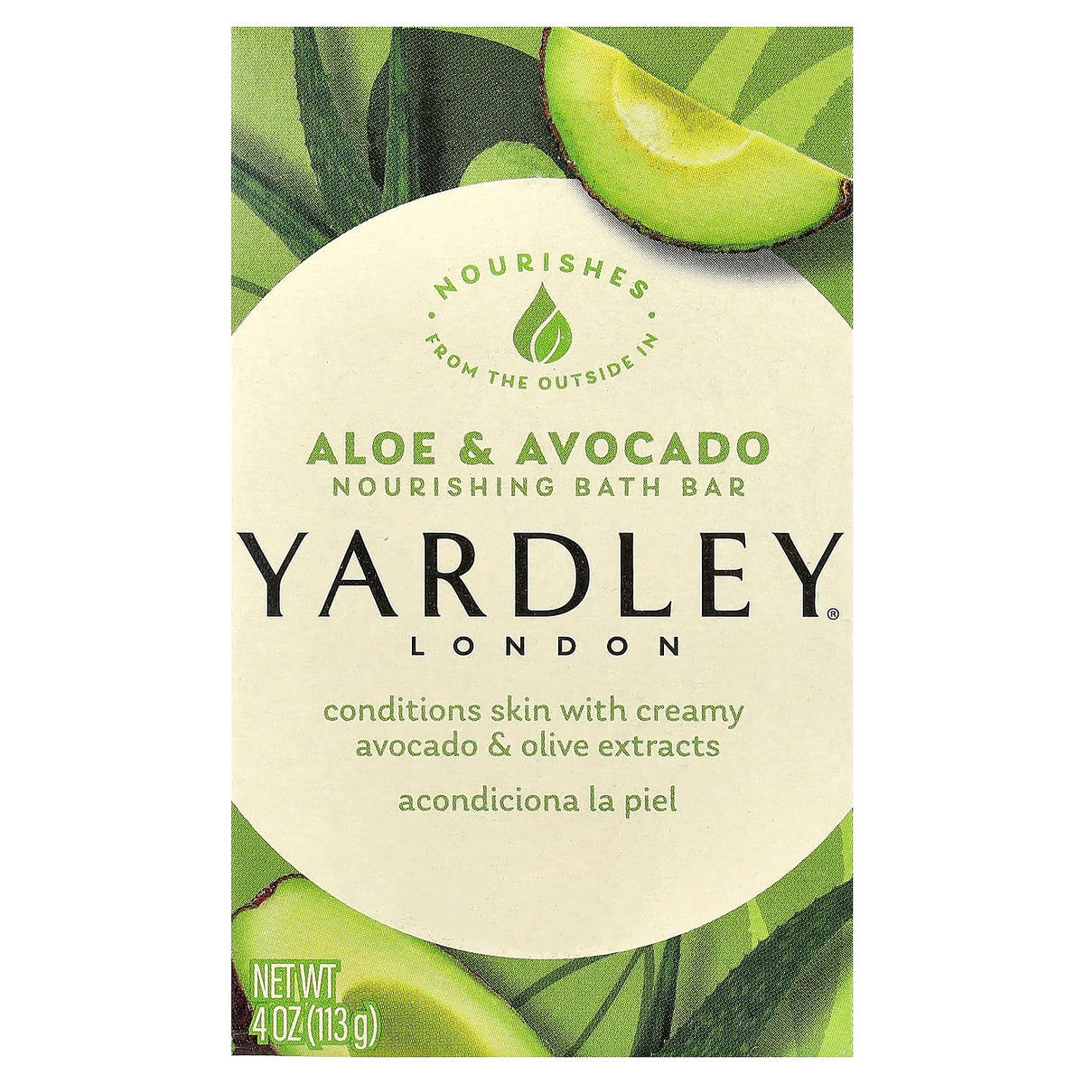 Yardley London Aloe Avocado bath bar close-up shows creamy lather and natural extracts.