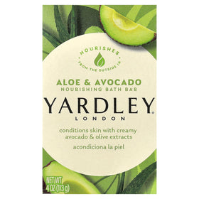 Yardley London Aloe Avocado bath bar close-up shows creamy lather and natural extracts.